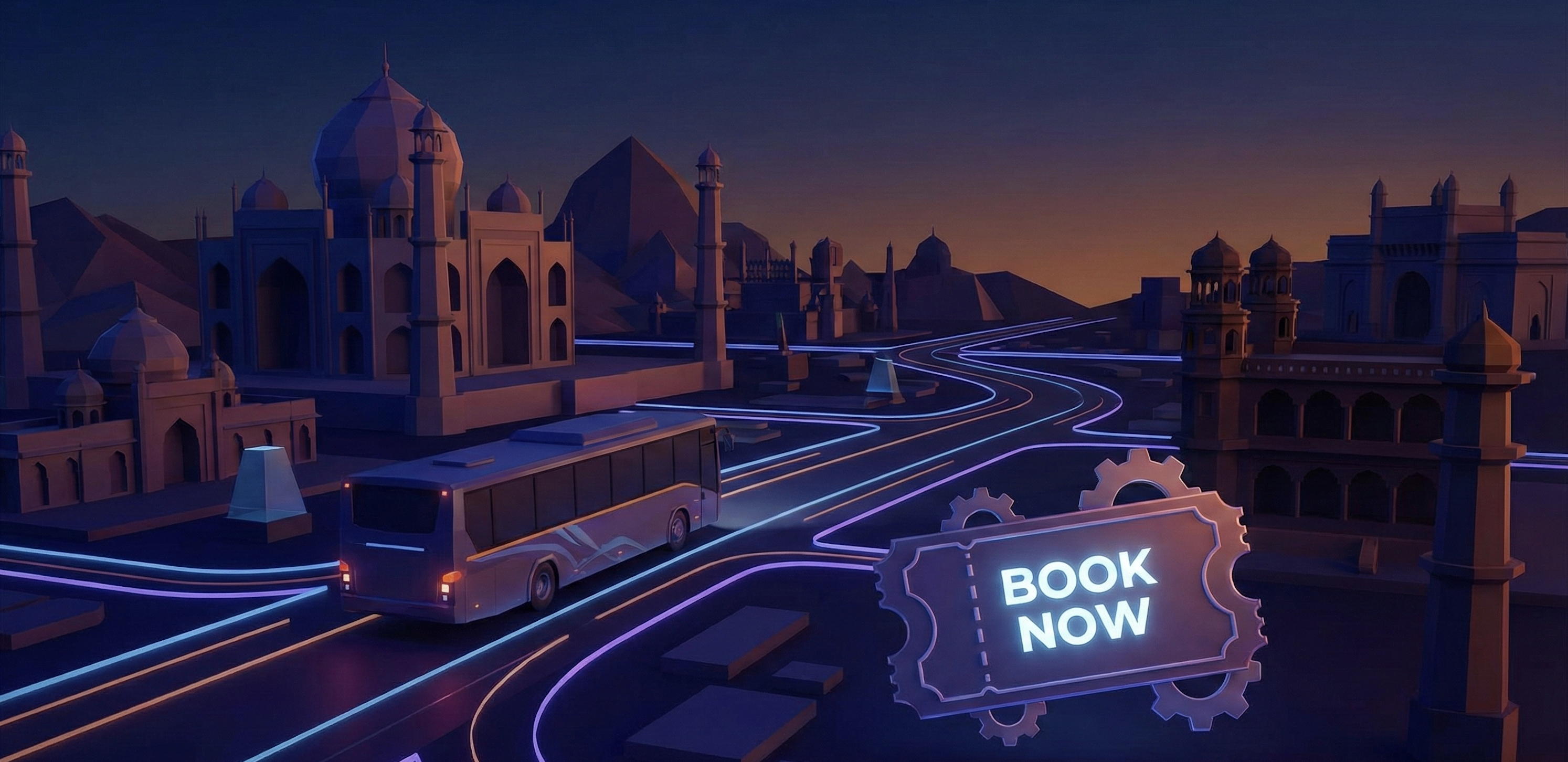 City skyline with bus and popular destinations